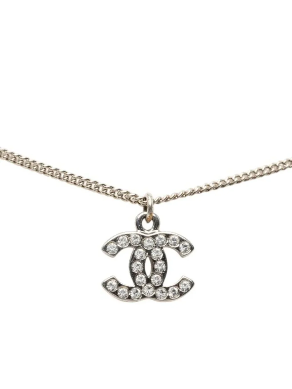 Chanel CC Logo Chain Pendant Stamp Silver Metal Rhinestone